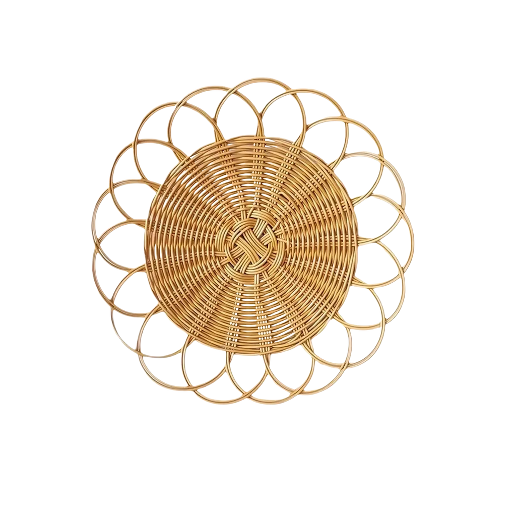 Natural-toned woven rattan flower wall hanging decor with circular interlocking rings and central braided design