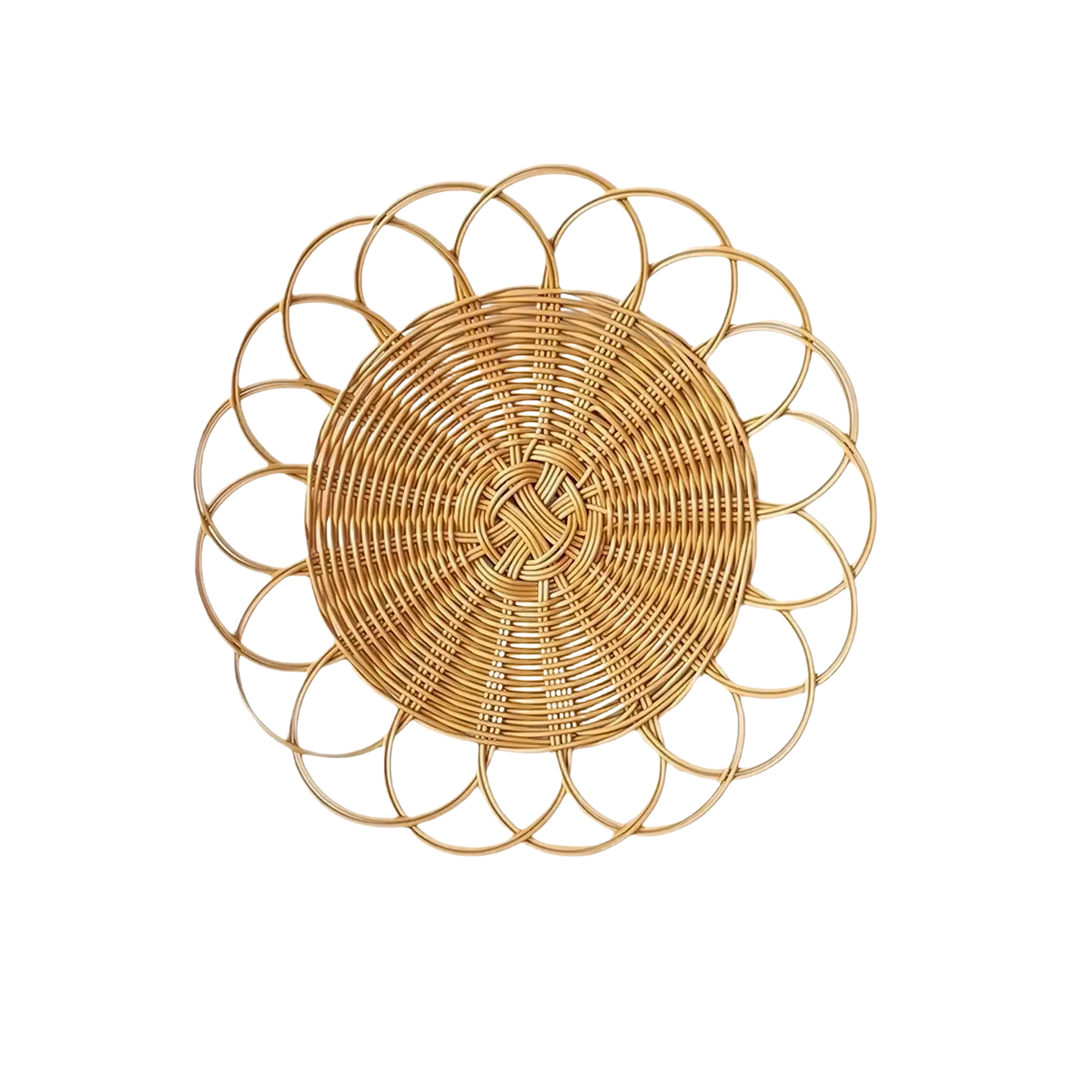 Natural-toned woven rattan flower wall hanging decor with circular interlocking rings and central braided design
