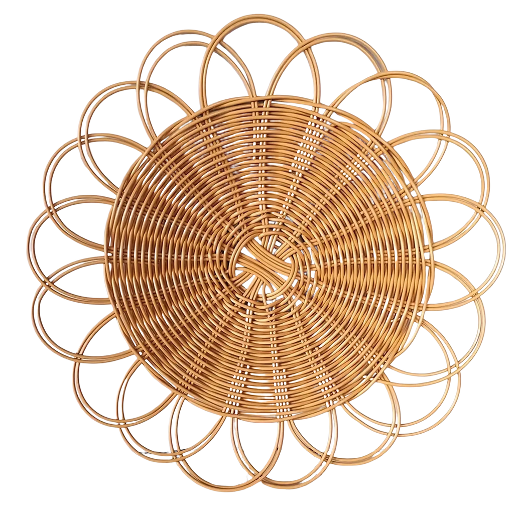 Natural-toned woven rattan flower wall hanging decor with a sunburst design placemat for elegant home decoration