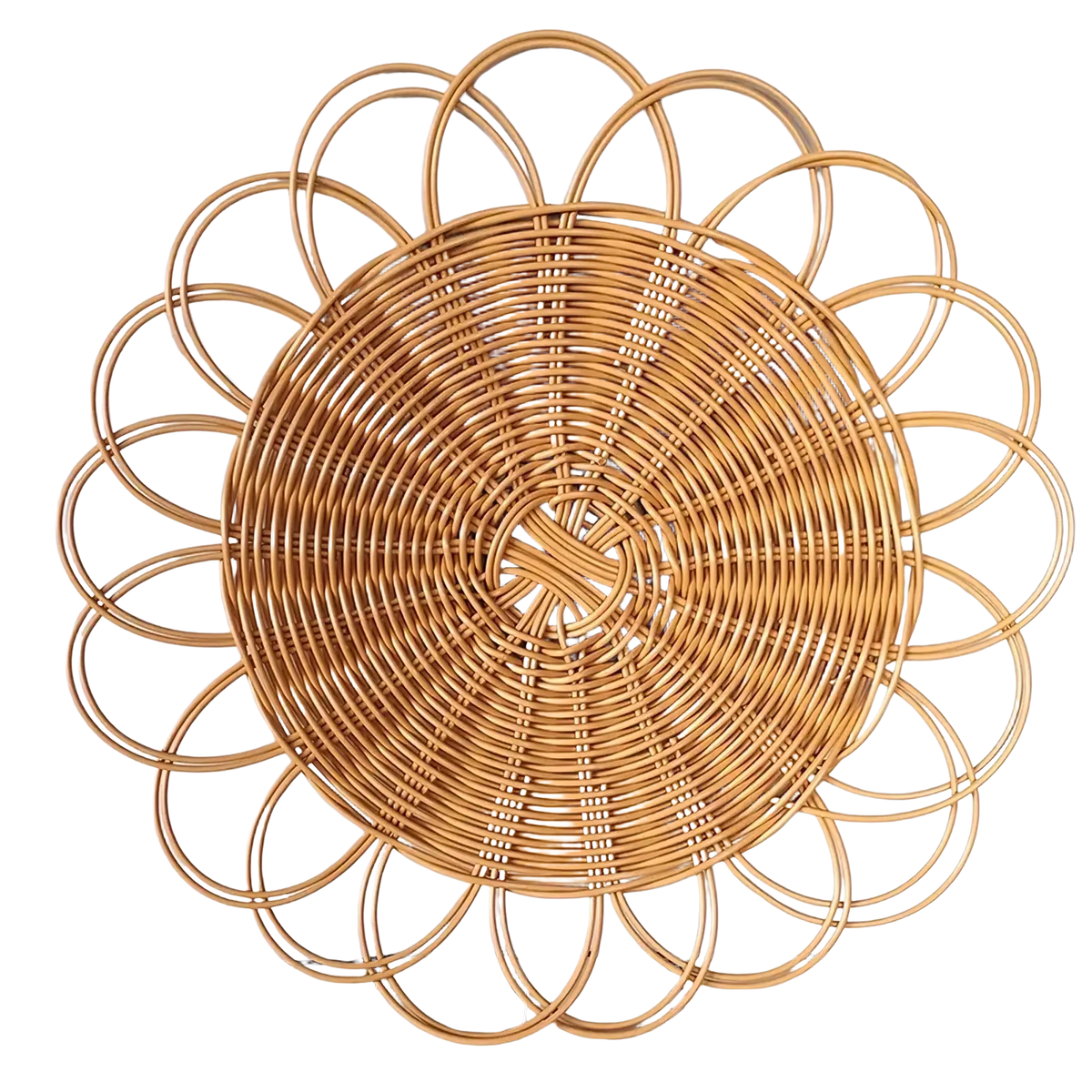 Natural-toned woven rattan flower wall hanging decor with a sunburst design placemat for elegant home decoration