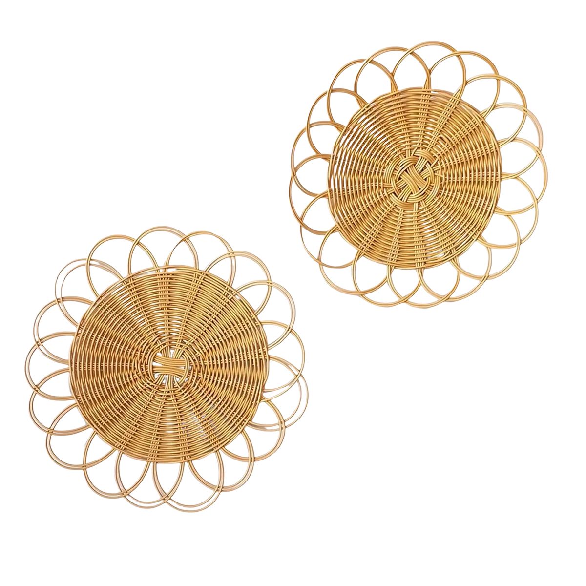 Natural-toned woven rattan flower wall hanging decor featuring a circular flower-like design for wall decoration