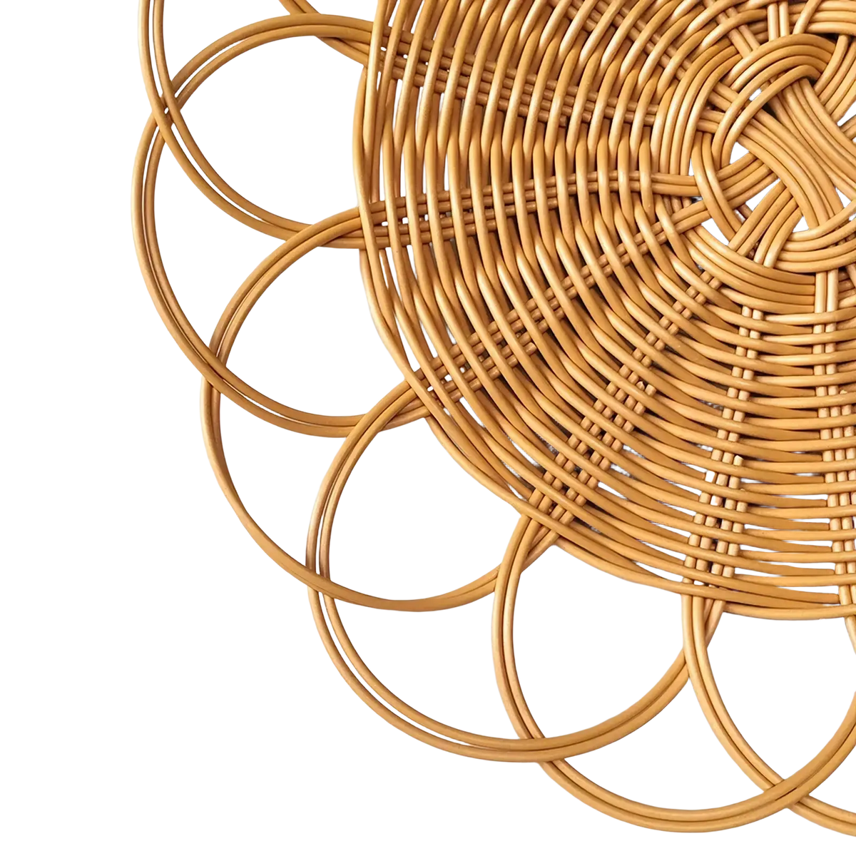 Woven rattan flower wall hanging decor with circular petal design in natural tan color