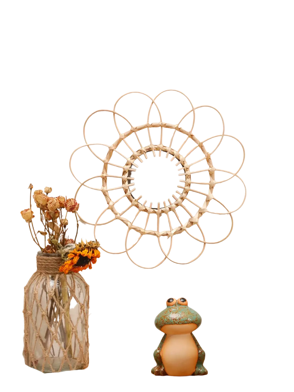 Rattan sunburst wall mirror with circular frame and concentric rings enhances room decors aesthetic and style