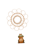 A circular wall mirror with a light-colored woven rattan sunburst frame for room decors aesthetic and style
