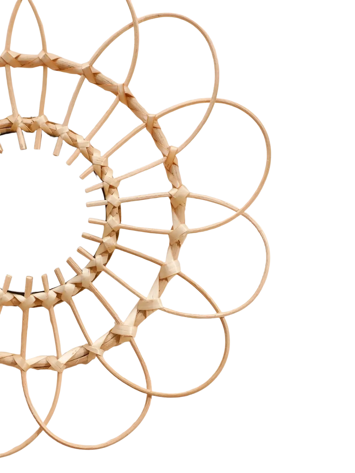 A delicate light beige rattan sunburst wall mirror with woven frame perfect for room decors aesthetic