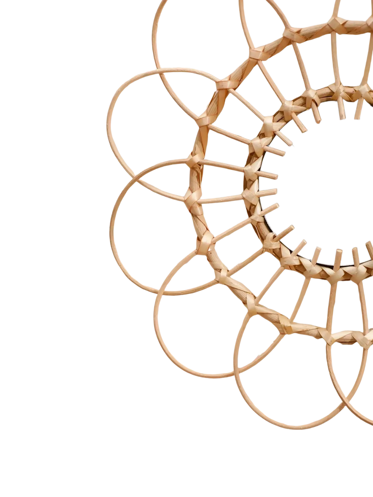 A sunburst wall mirror with a natural woven rattan frame enhancing room decors aesthetic and style