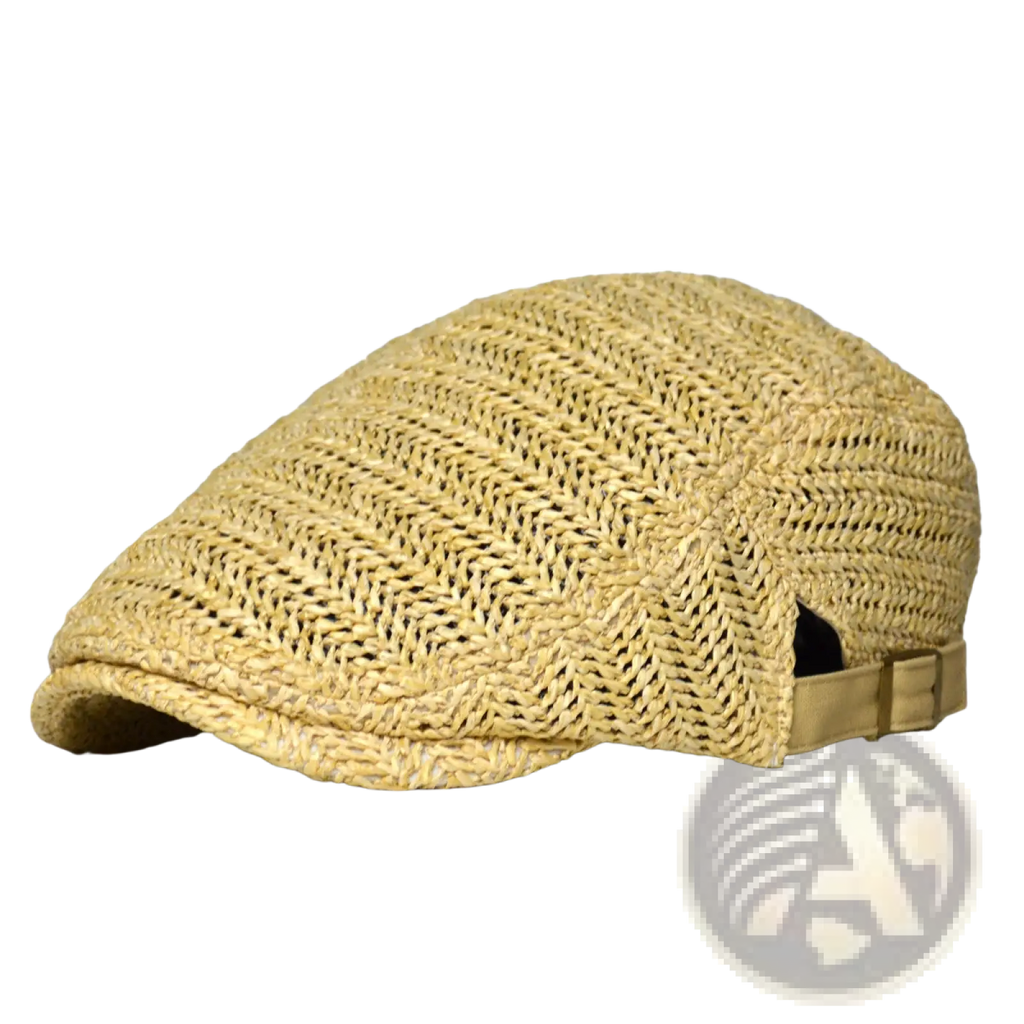 A beige woven straw bucket hat with an interlaced pattern and adjustable strap for summer sun protection