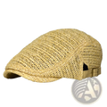 A beige woven straw bucket hat with an interlaced pattern and adjustable strap for summer sun protection