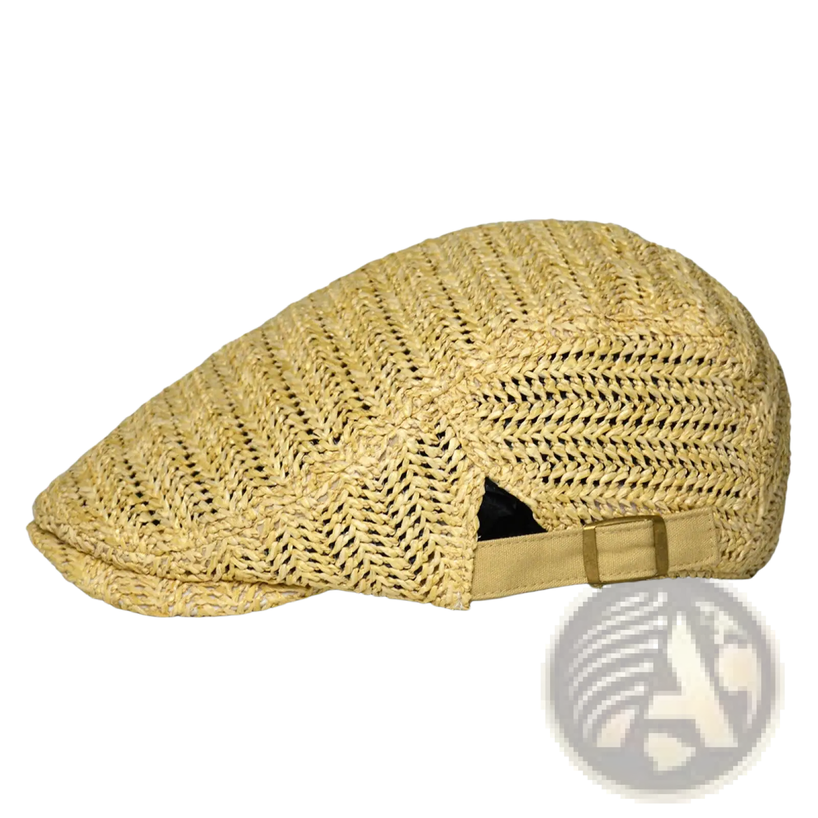 Beige woven straw bucket hat with textured herringbone pattern and adjustable strap for summer sun protection