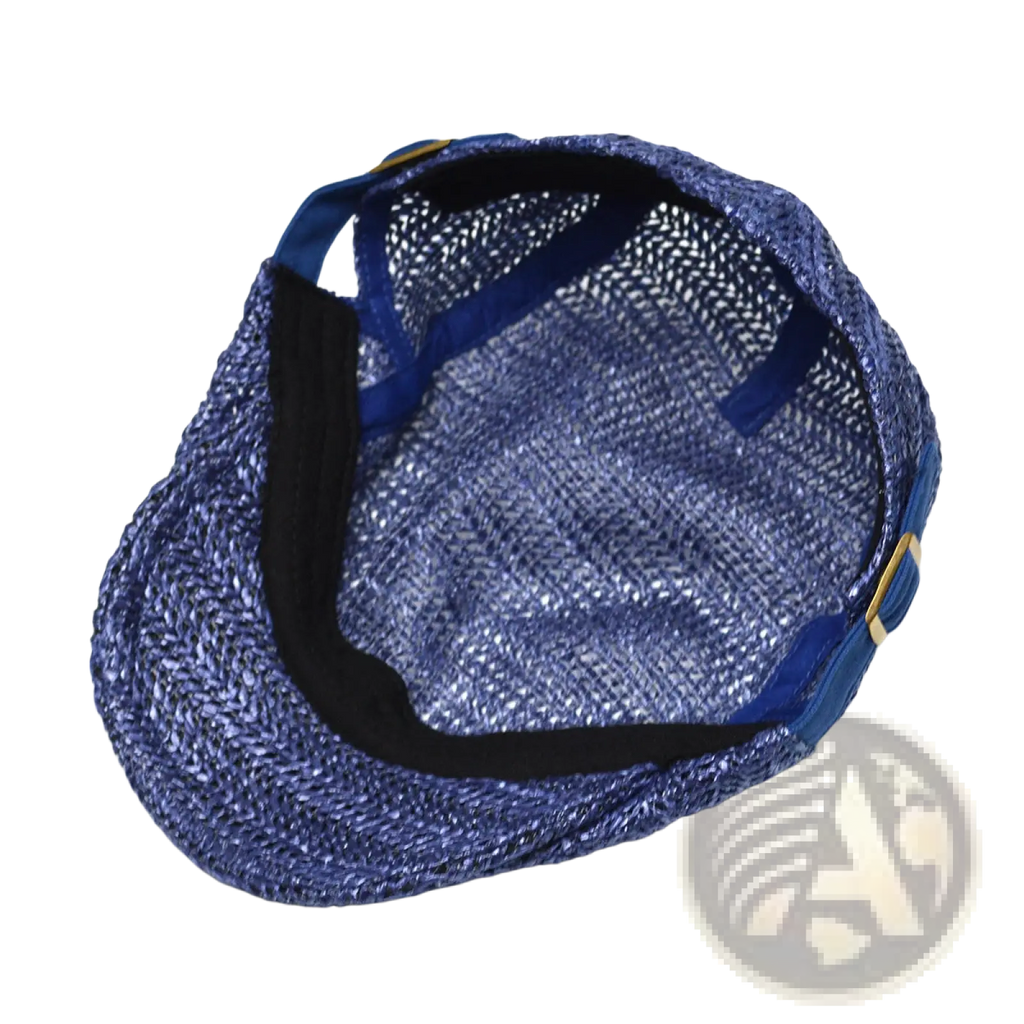 Blue woven straw bucket hat with black inner lining and adjustable blue straps for summer sun protection shown from back