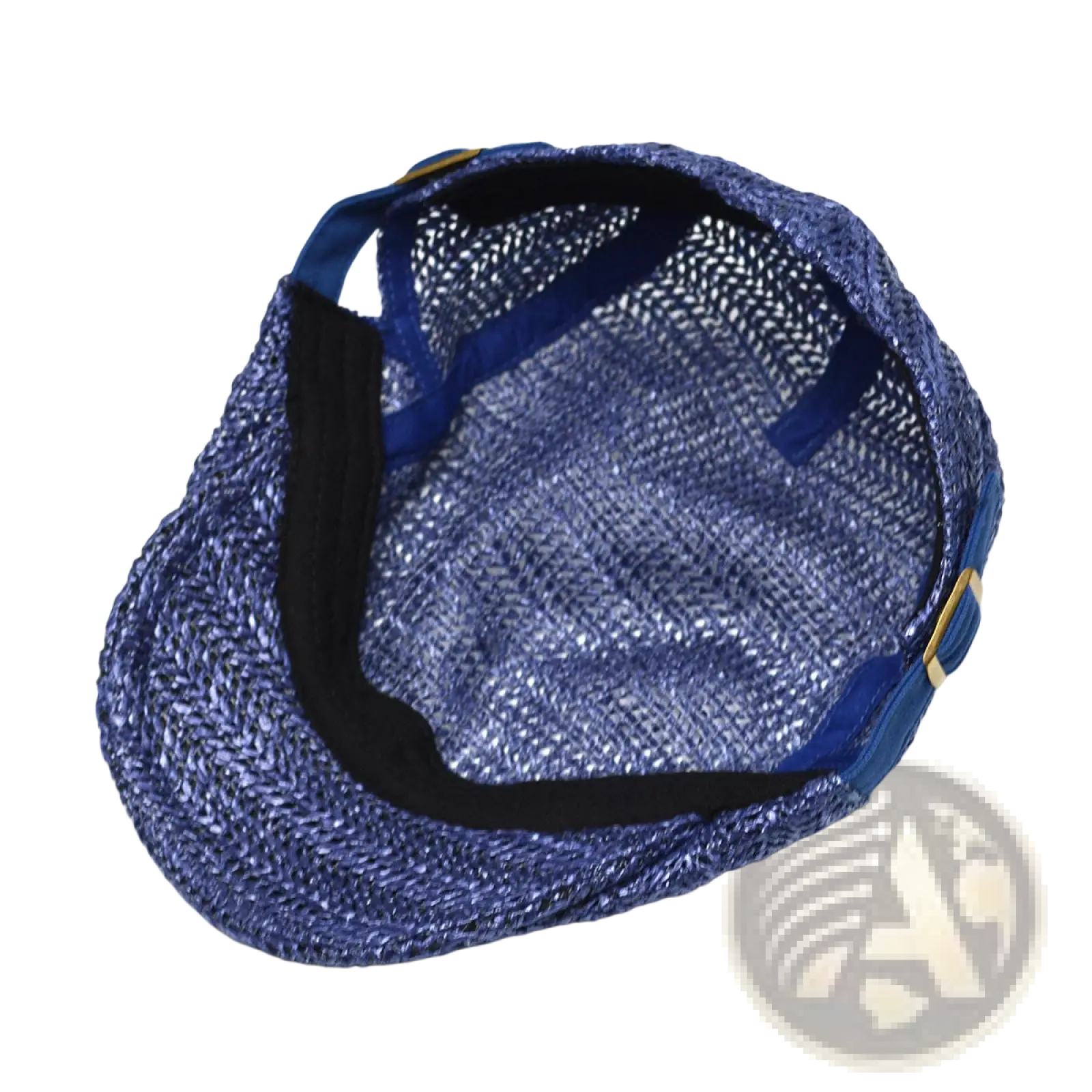 Blue woven straw bucket hat with black inner lining and adjustable blue straps for summer sun protection shown from back
