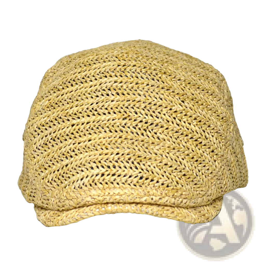 A light beige woven straw bucket hat with a classic flat-top design and short brim for summer sun protection