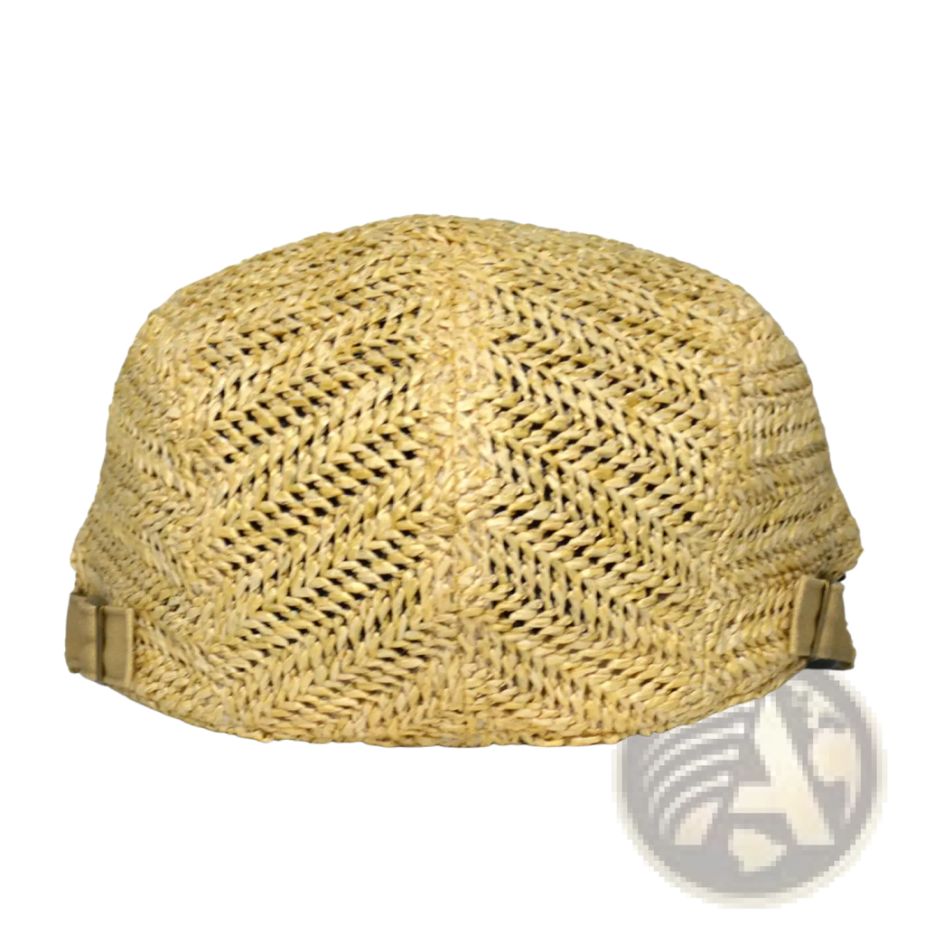 A light beige woven straw bucket hat with herringbone pattern and adjustable fabric straps for summer sun protection