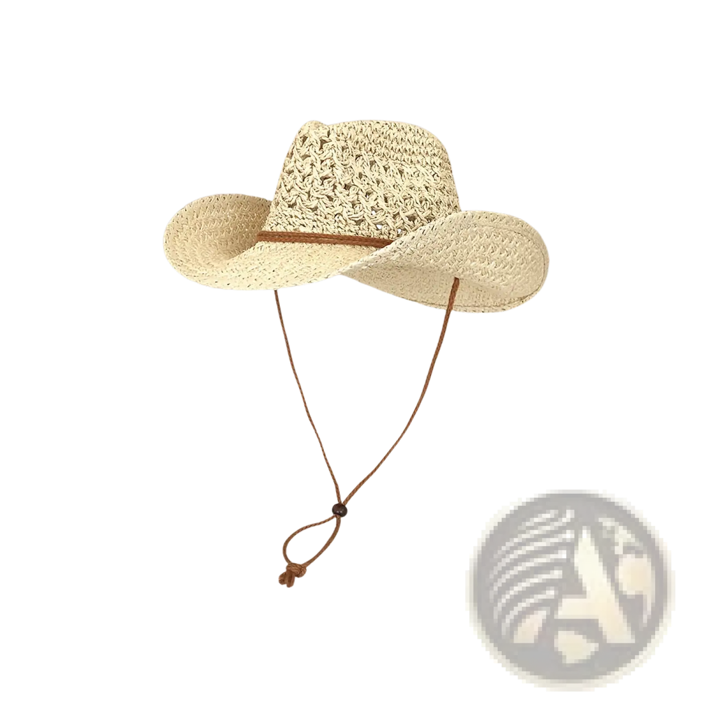 Beige woven straw cowboy hat for men with a brown leather band and adjustable chin strap