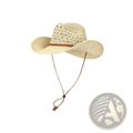 Beige woven straw cowboy hat for men with a brown leather band and adjustable chin strap