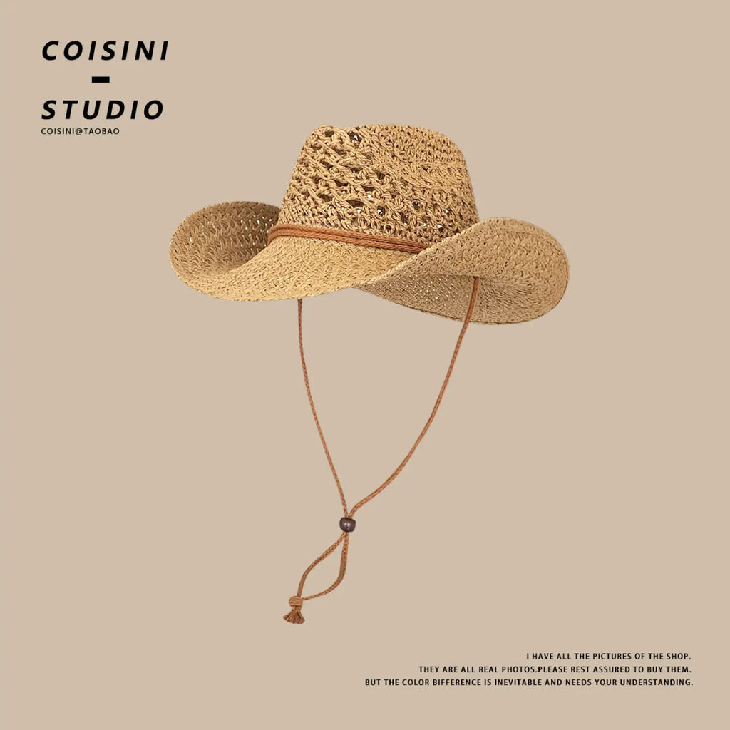 Beige woven straw cowboy hat for men with brown leather band and adjustable chin strap for secure fit