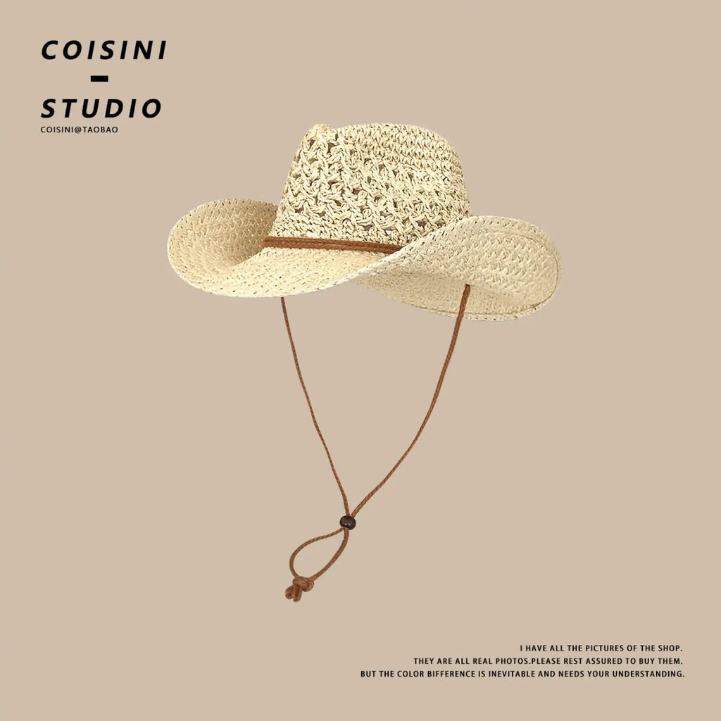Beige woven straw cowboy hat for men with brown leather band and adjustable chin strap