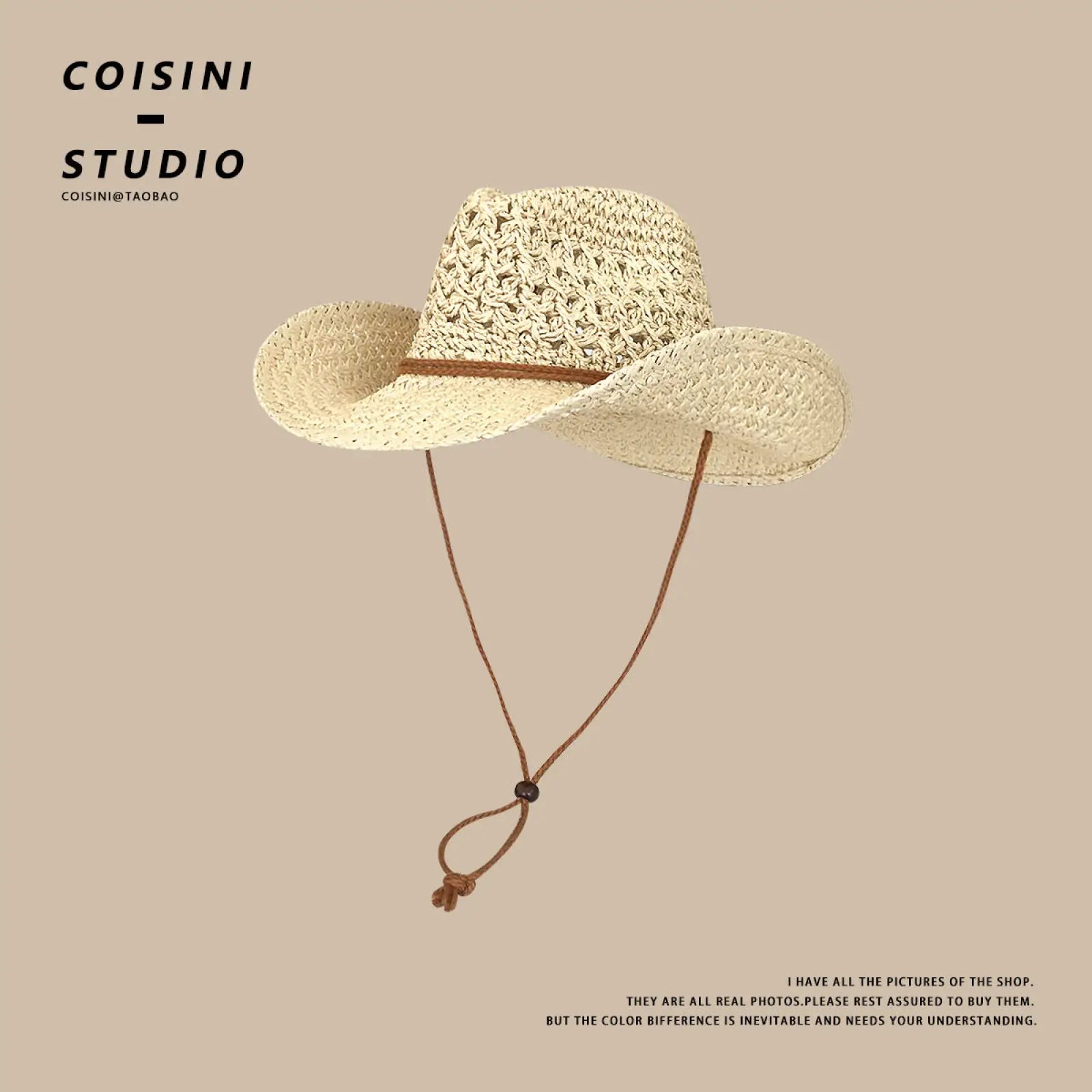 Beige woven straw cowboy hat for men with brown leather band and adjustable chin strap