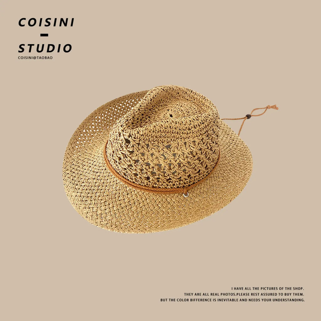 Beige woven straw cowboy hat for men with brown leather band and adjustable chin strap