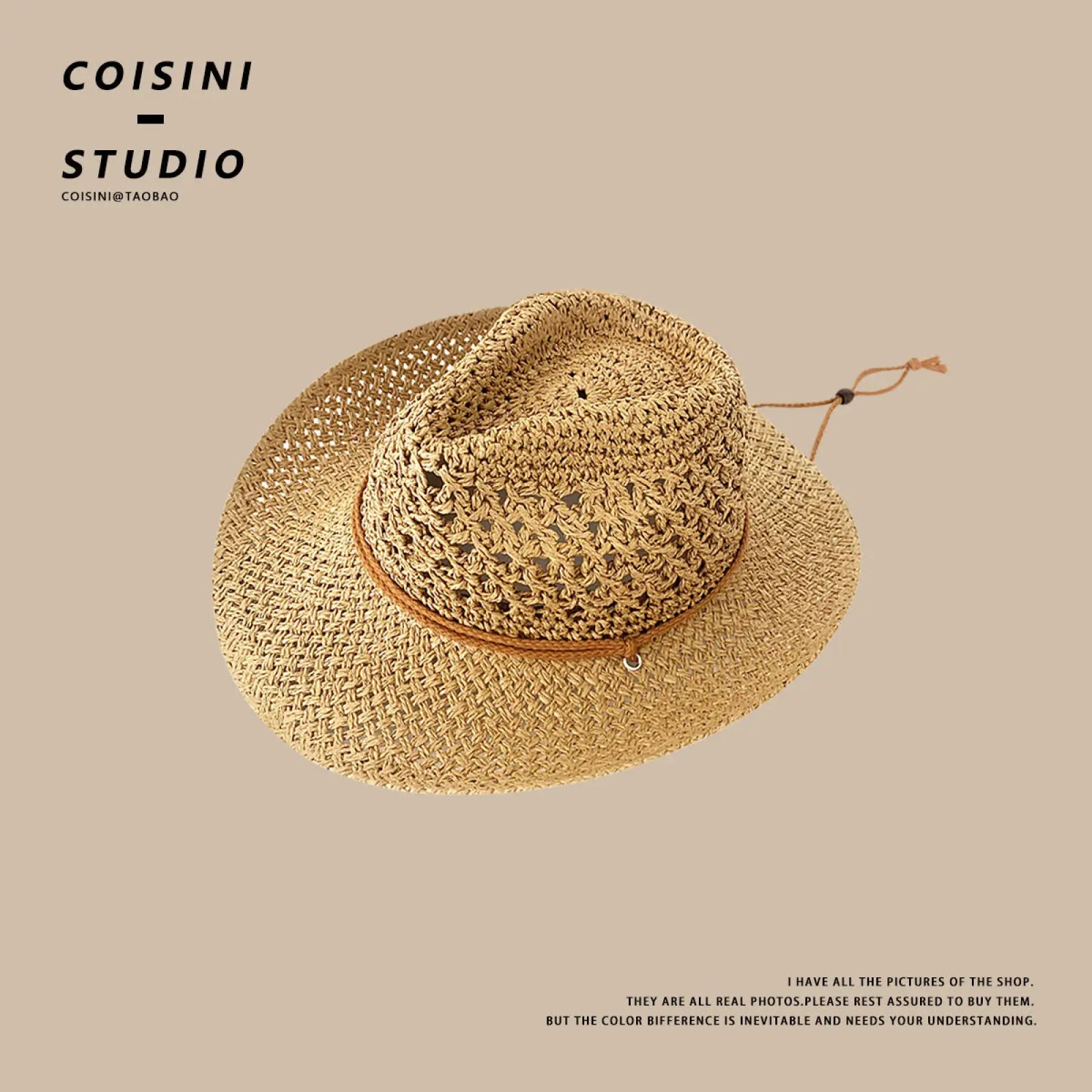 Beige woven straw cowboy hat for men with brown leather band and adjustable chin strap