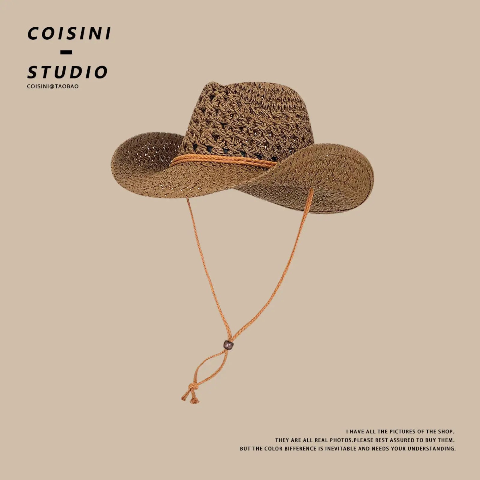 Woven straw cowboy hat for men in brown with a tan cord band and adjustable chin strap