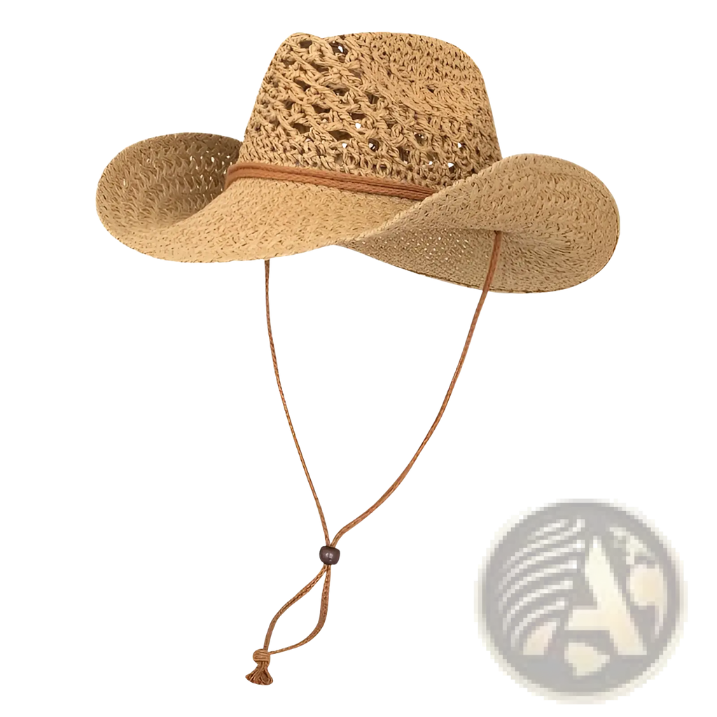 A tan woven straw cowboy hat for men with a braided leather band and adjustable chin strap
