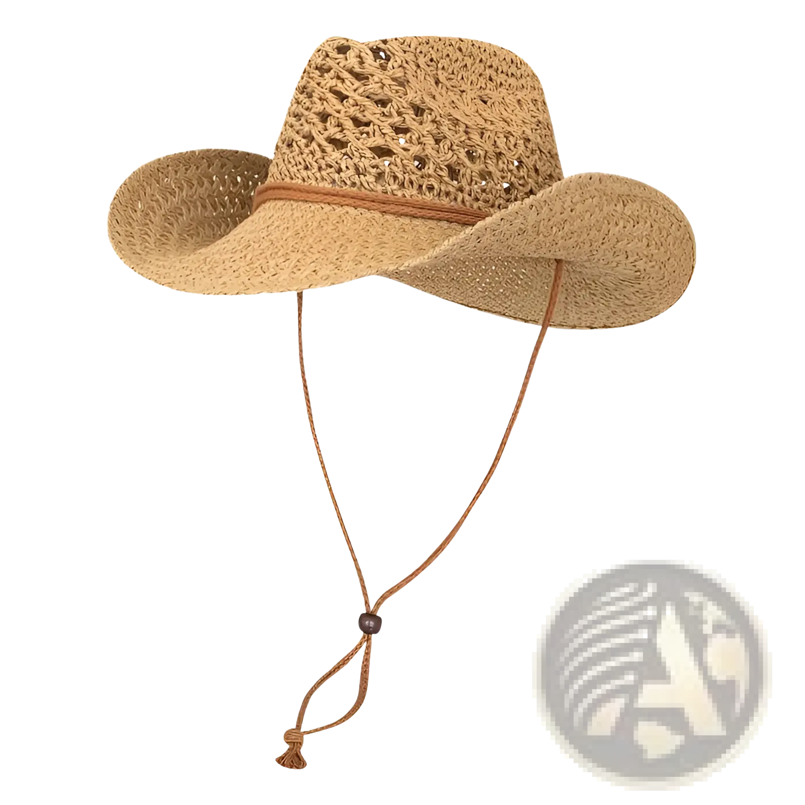 A tan woven straw cowboy hat for men with a braided leather band and adjustable chin strap