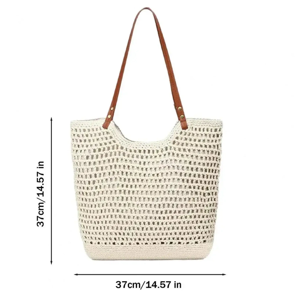Beige woven straw tote bag with brown leather handles large capacity summer beach purse