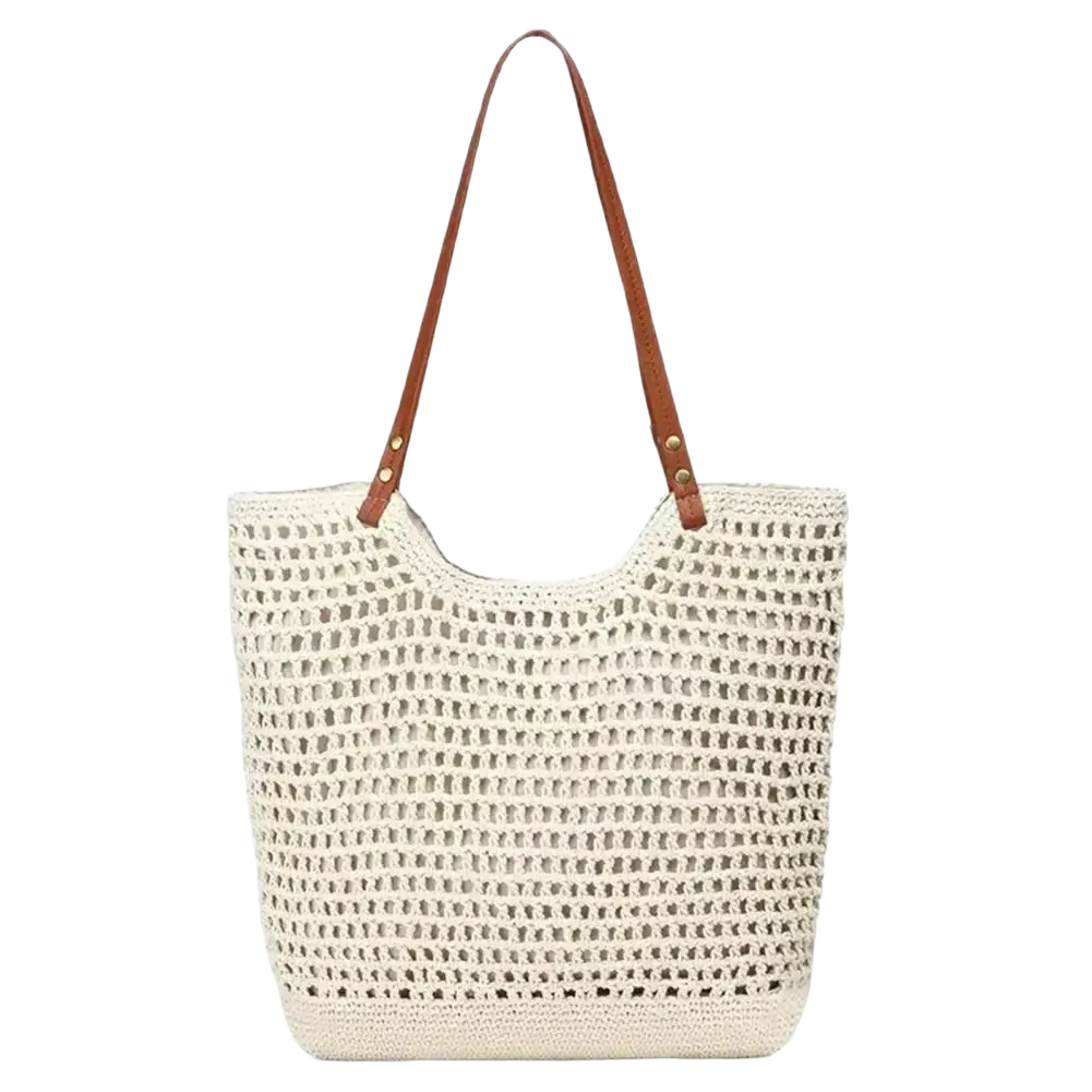 Beige woven straw tote bag with brown leather handles large capacity summer beach purse in natural materials
