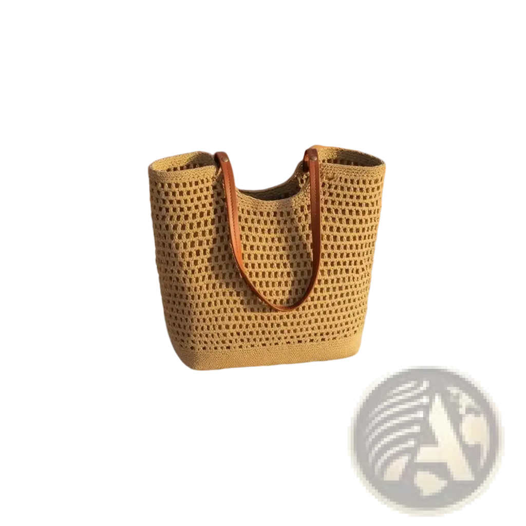 Beige woven straw tote bag with brown leather handles large capacity suitable for summer beach use