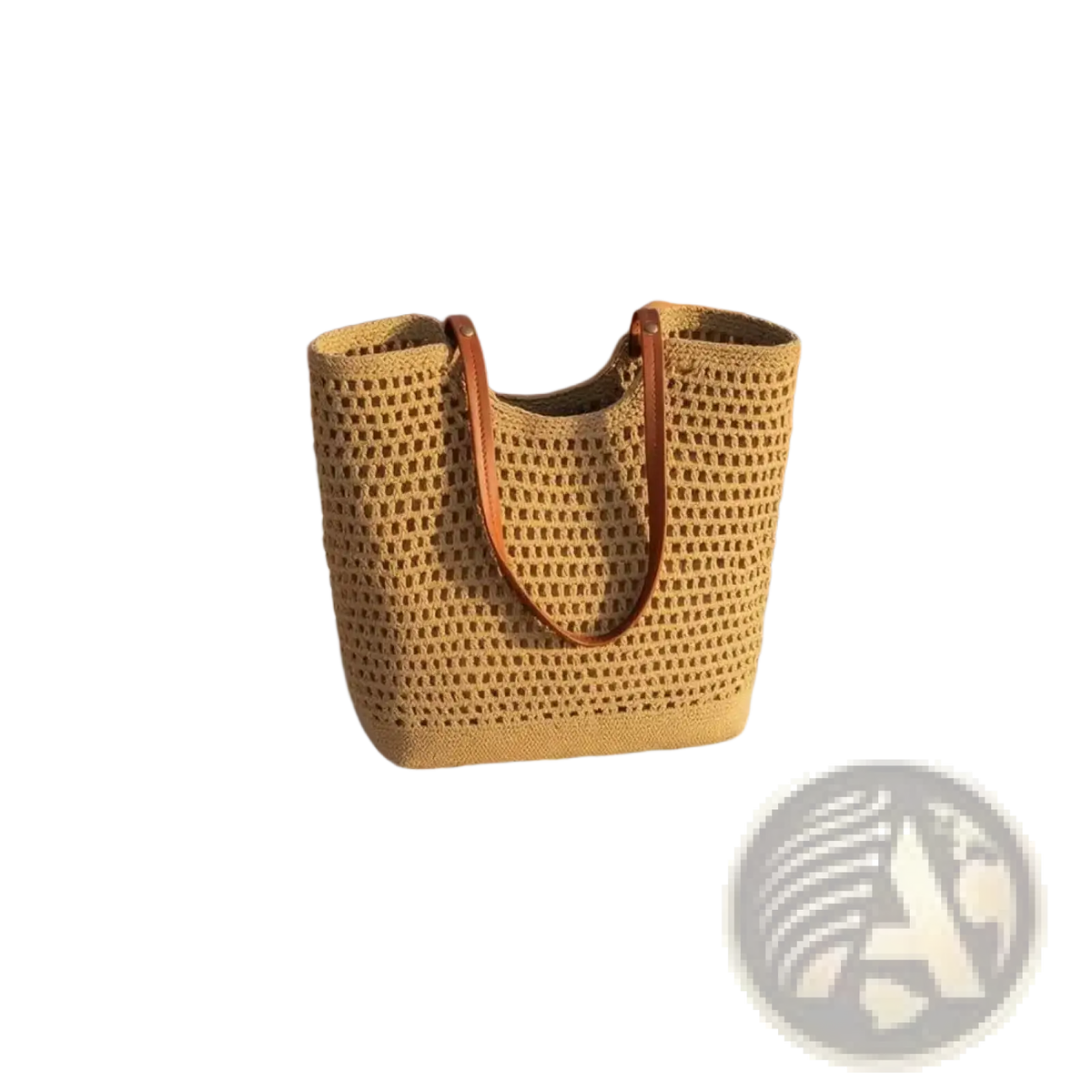 Beige woven straw tote bag with brown leather handles large capacity suitable for summer beach use