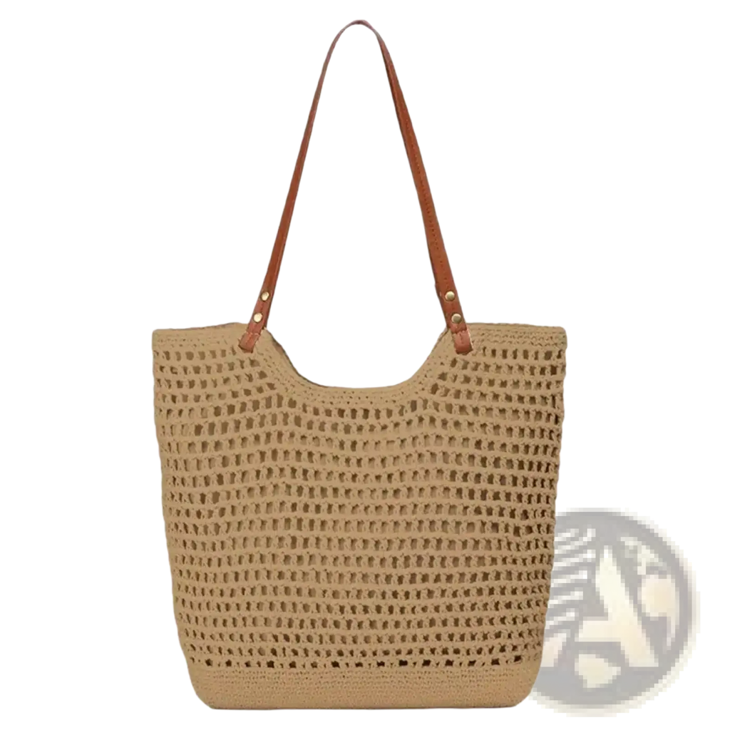 Beige woven straw tote bag with brown leather handles featuring large capacity for summer beach use