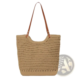Beige woven straw tote bag with brown leather handles featuring large capacity for summer beach use