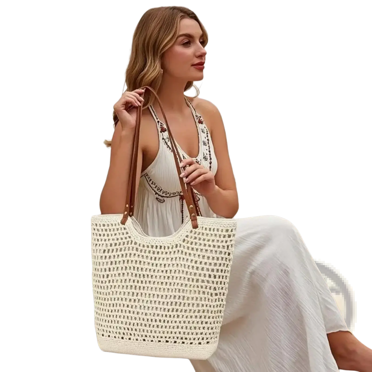 Cream-colored crocheted tote bag with brown leather straps large capacity woven straw tote bag for summer beach use