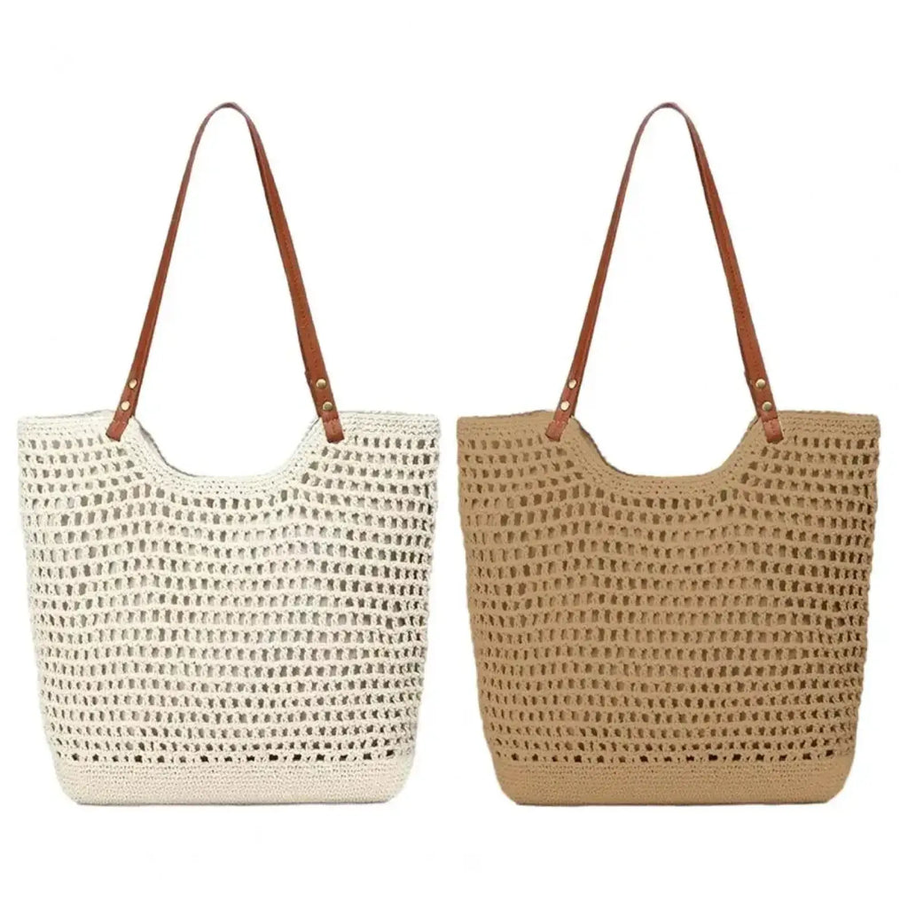 Two woven straw tote bags with large capacity in off-white and beige featuring brown leather straps for summer beach use