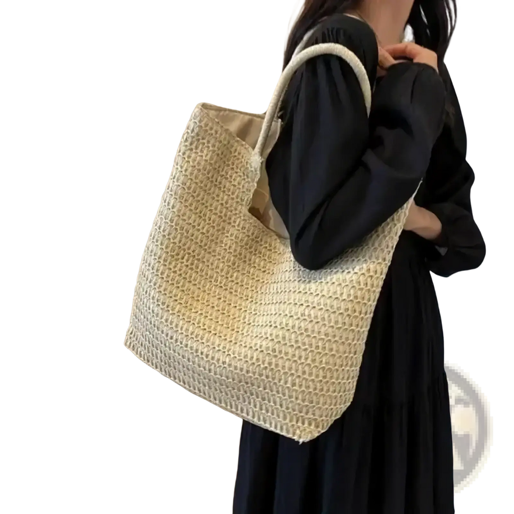Beige woven straw tote bag with matching handles large vacation handbag for beach and travel use