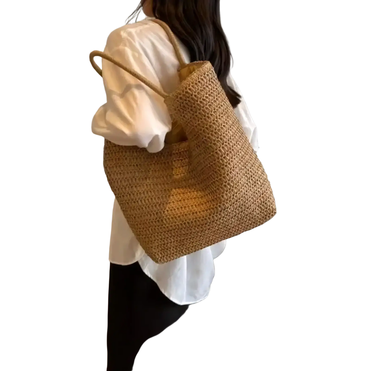 A beige woven straw tote bag with a sturdy handle and spacious open-top for large vacation use