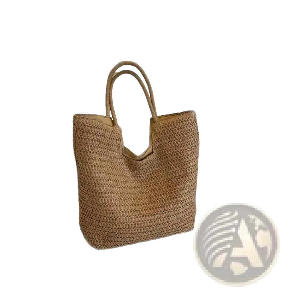 Beige woven straw tote bag with sturdy handles large vacation handbag ideal for beach and travel use