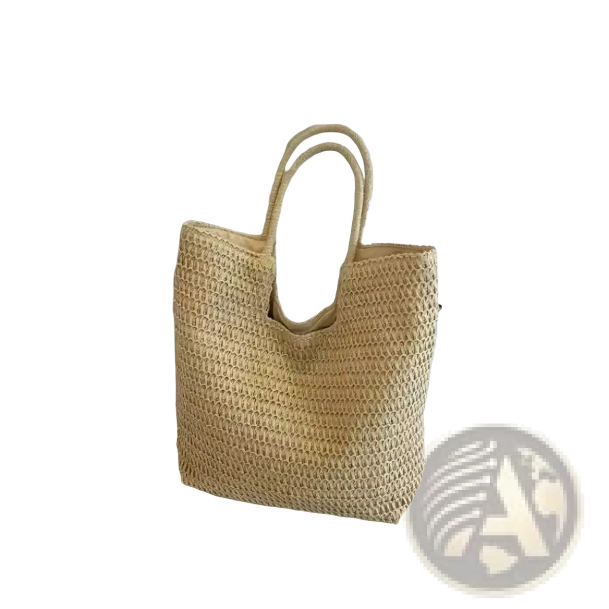 Beige woven straw tote bag large vacation handbag with rounded handles and textured open knit pattern