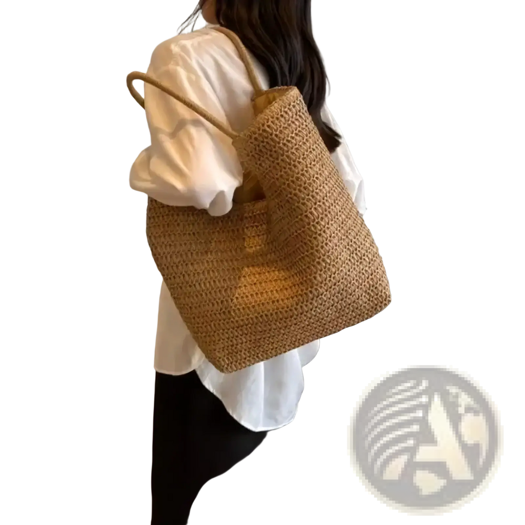 Beige woven straw tote bag large vacation handbag with sturdy handle and spacious open-top design
