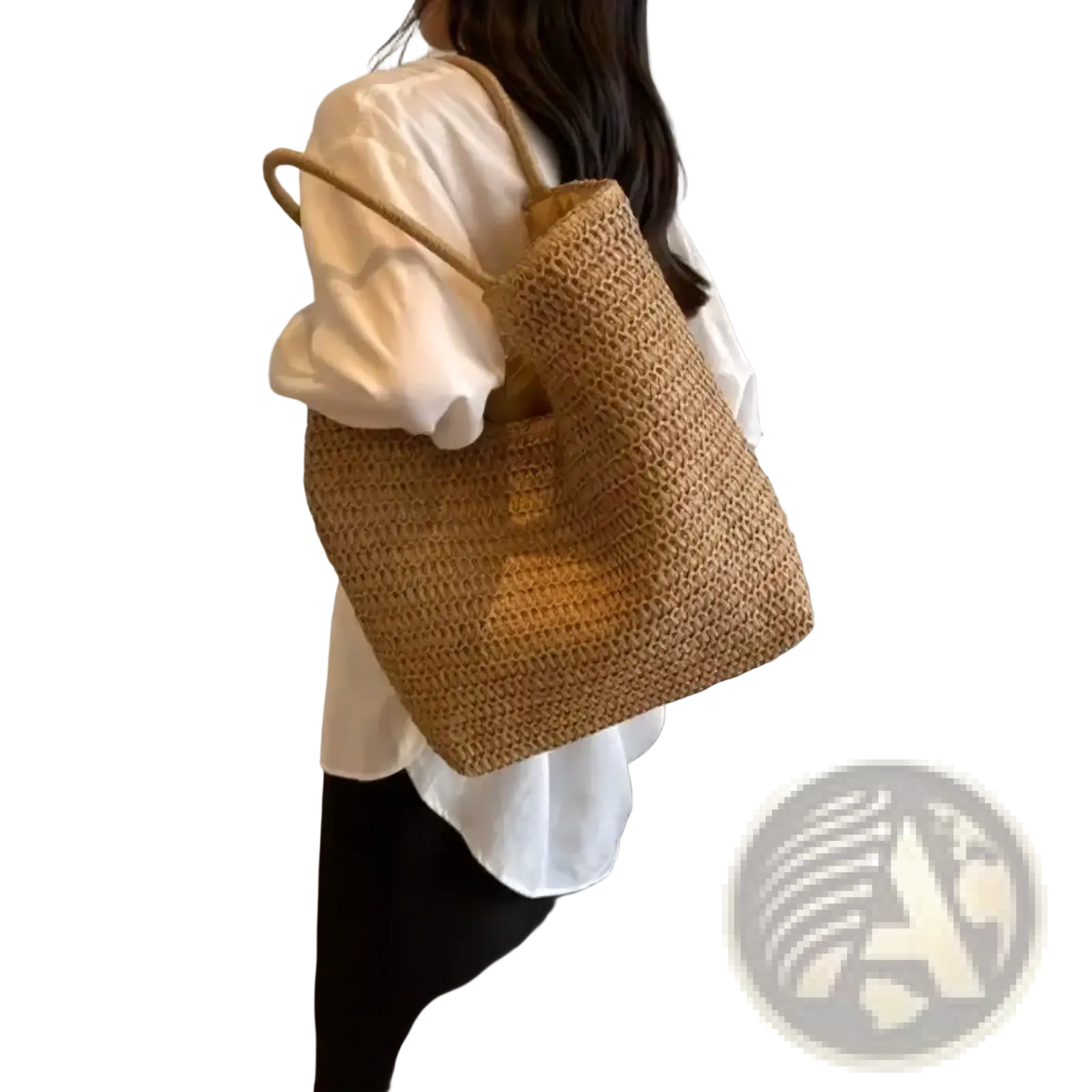 Beige woven straw tote bag large vacation handbag with sturdy handle and spacious open-top design