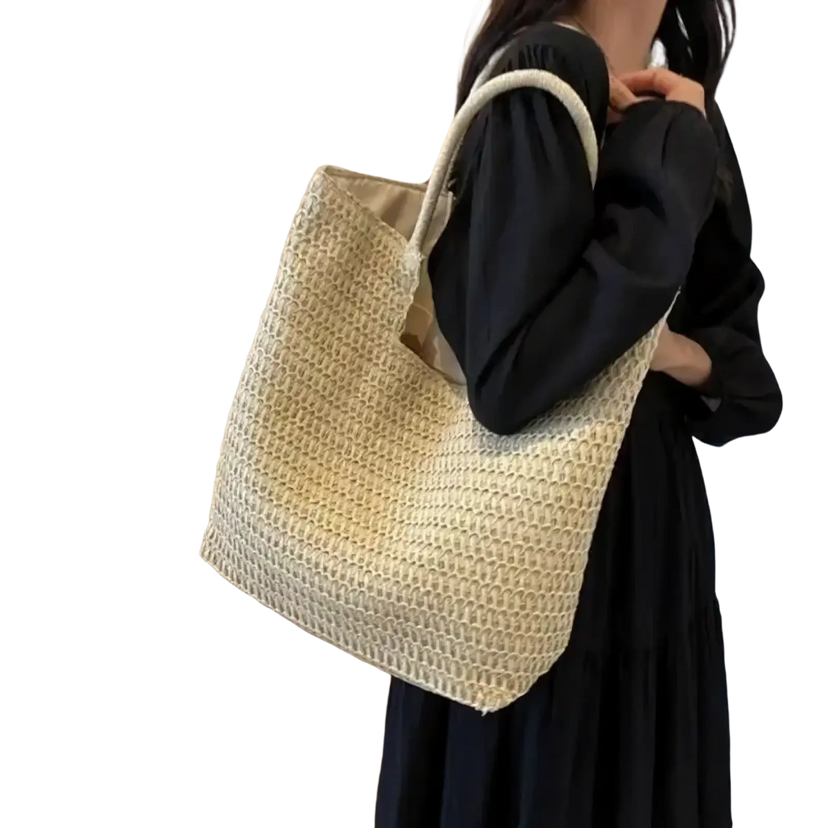 Beige woven straw tote bag with matching handles large vacation handbag for beach and travel use