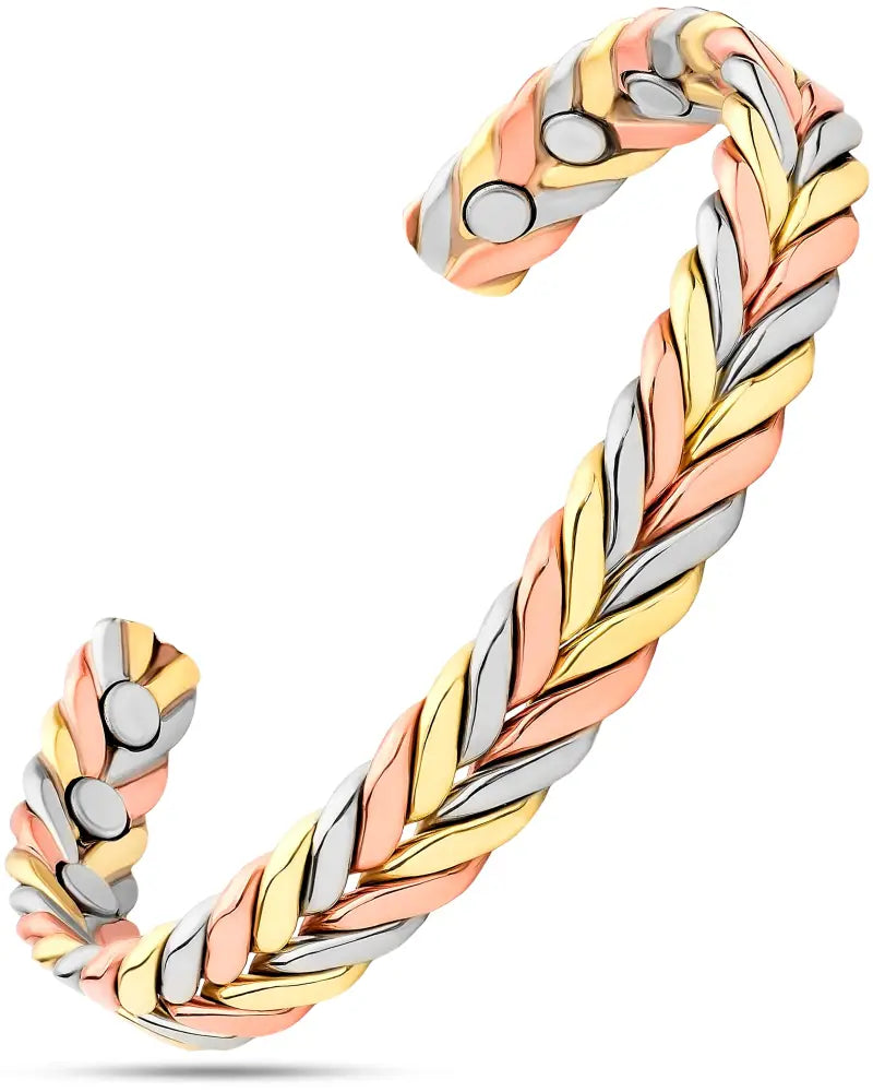 Tri-tone magnetic therapy braided copper cuff bracelet with alternating gold rose gold and silver tones