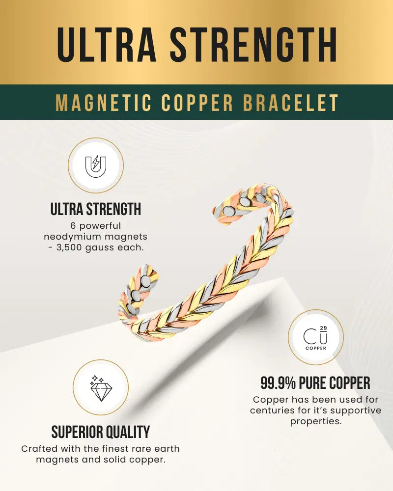 Tri-tone magnetic therapy braided copper cuff bracelet featuring gold rose gold and silver tones