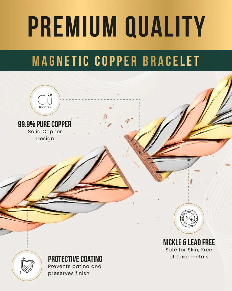 Tri-tone magnetic therapy braided copper cuff bracelet with 99.9% pure copper in gold rose gold and silver tones