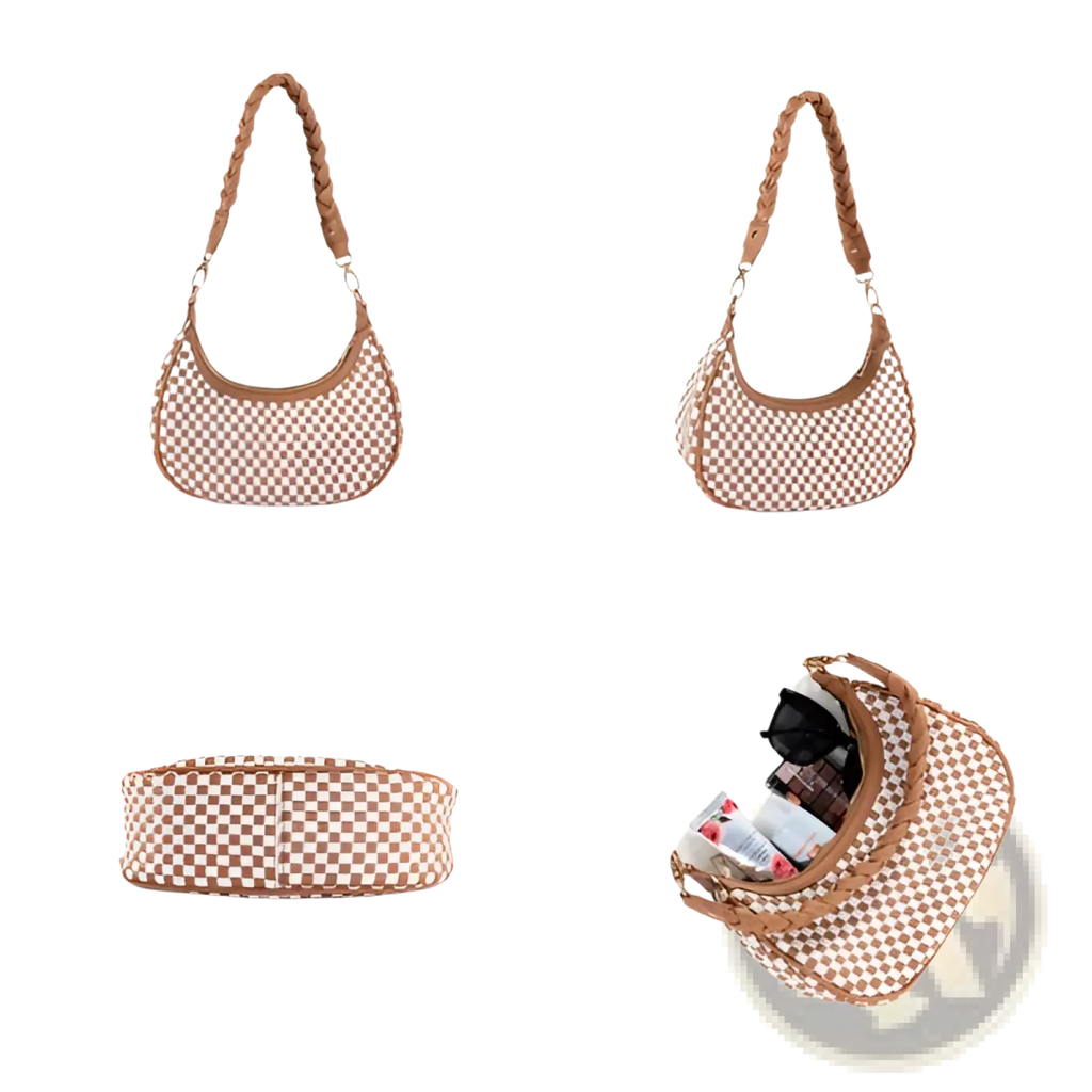 Beige and brown checkered woven vegan leather hobo shoulder bag with braided leather strap for daily use