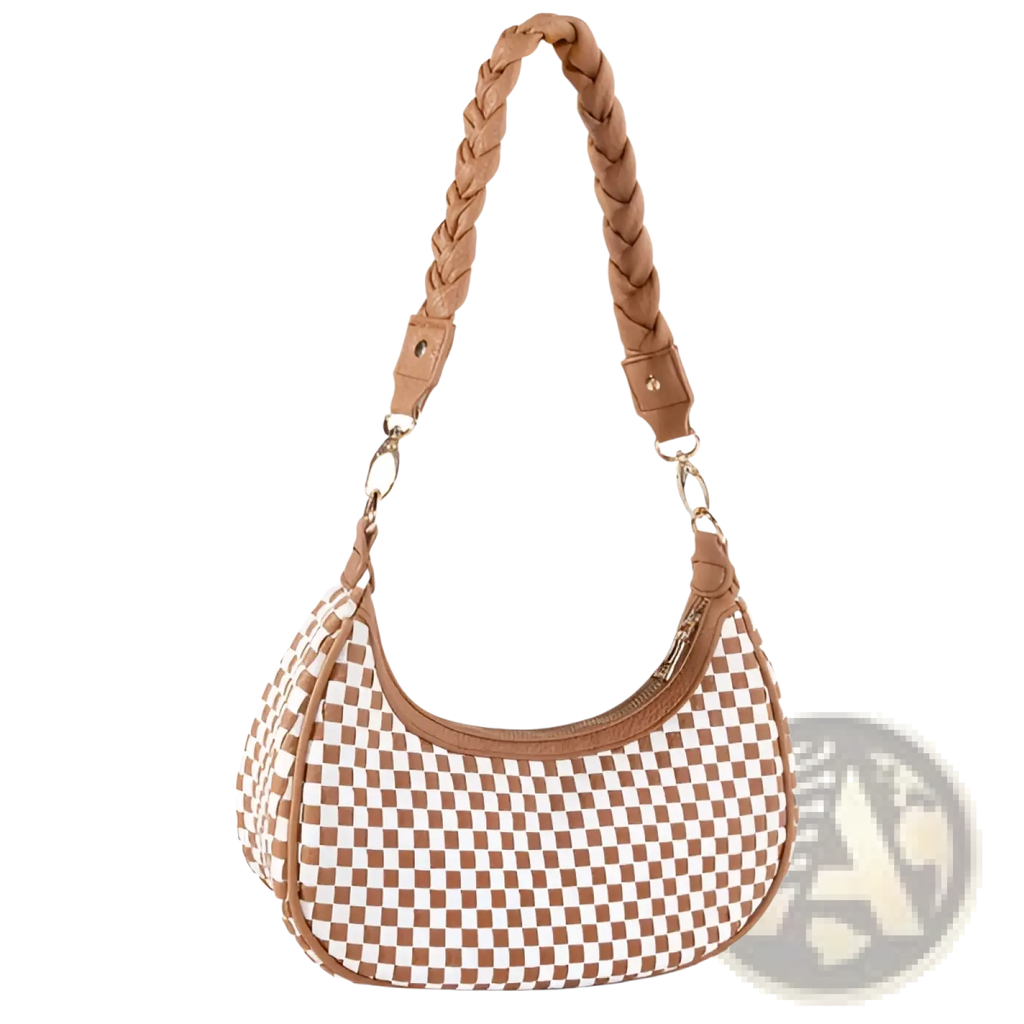 Tan and white checkered woven vegan leather hobo shoulder bag with braided leather strap for stylish everyday use
