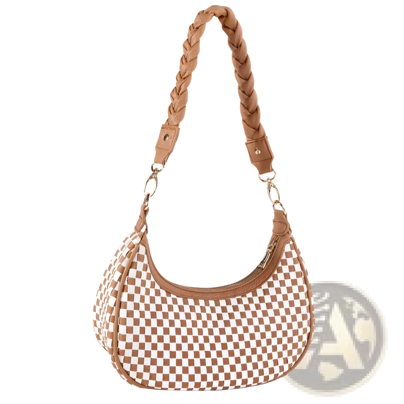 Tan and white checkered woven vegan leather hobo shoulder bag with braided leather strap for stylish everyday use