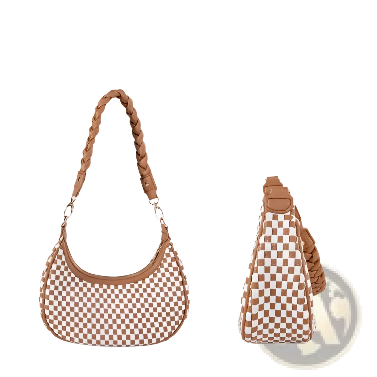 A tan and white checkered woven vegan leather hobo shoulder bag with a braided leather strap