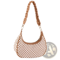 A tan and white checkered woven vegan leather hobo shoulder bag with a braided leather strap